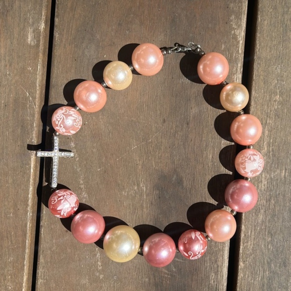 Vintage Cross Jewelry Beaded Pink Chunky Church Pearl Diamond Necklace 17” Long